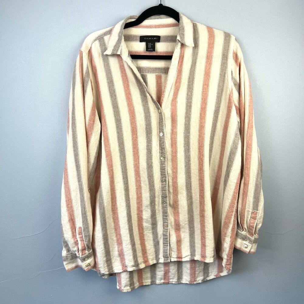 Tahari Striped Button Down Shirt - Pink, Gray, Cream